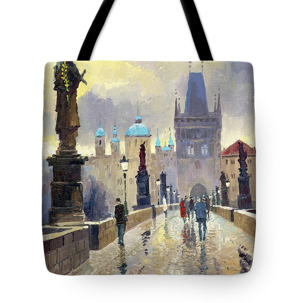 Oil On Canvas Tote Bag featuring the painting Prague Charles Bridge 02 by Yuriy Shevchuk