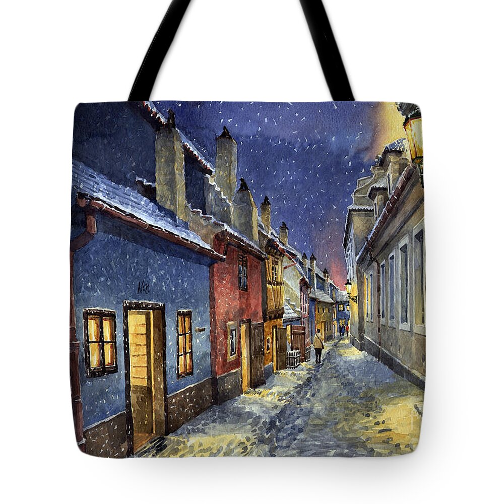 Goldenline Tote Bag featuring the painting Prague Golden Line Winter by Yuriy Shevchuk