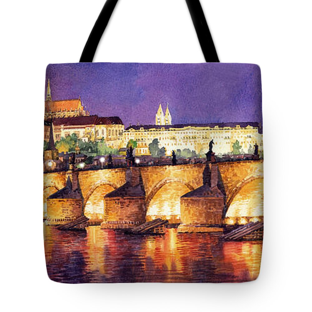 Watercolour Tote Bag featuring the painting Prague Night Panorama Charles Bridge by Yuriy Shevchuk