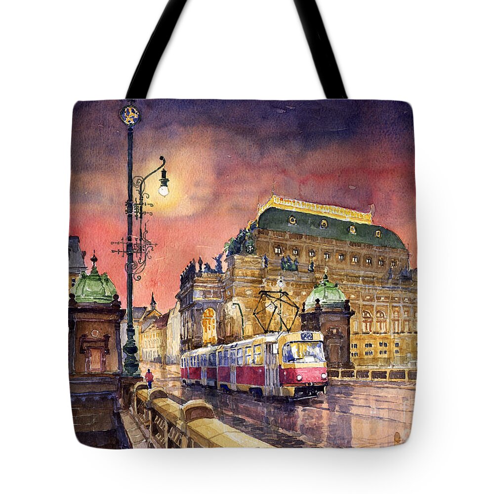 Bridge Tote Bag featuring the painting Prague Night Tram National Theatre by Yuriy Shevchuk