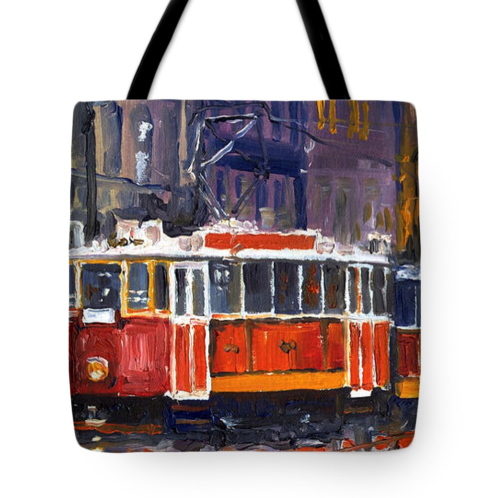 Oil Tote Bag featuring the painting Prague Old Tram 09 by Yuriy Shevchuk