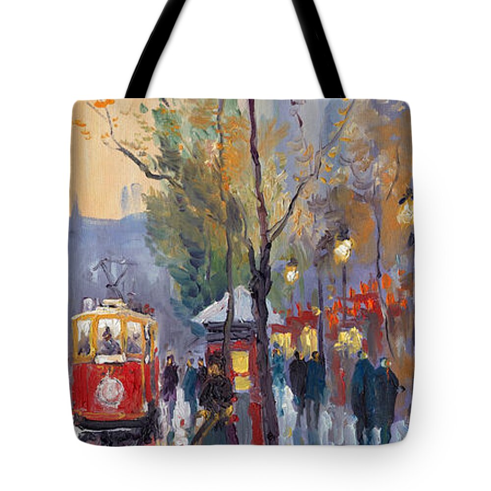 Prague Tote Bag featuring the painting Prague Old Tram Vaclavske Square by Yuriy Shevchuk