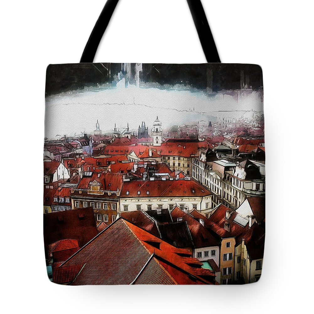 City Tote Bag featuring the painting Prague Skyline by Kai Saarto