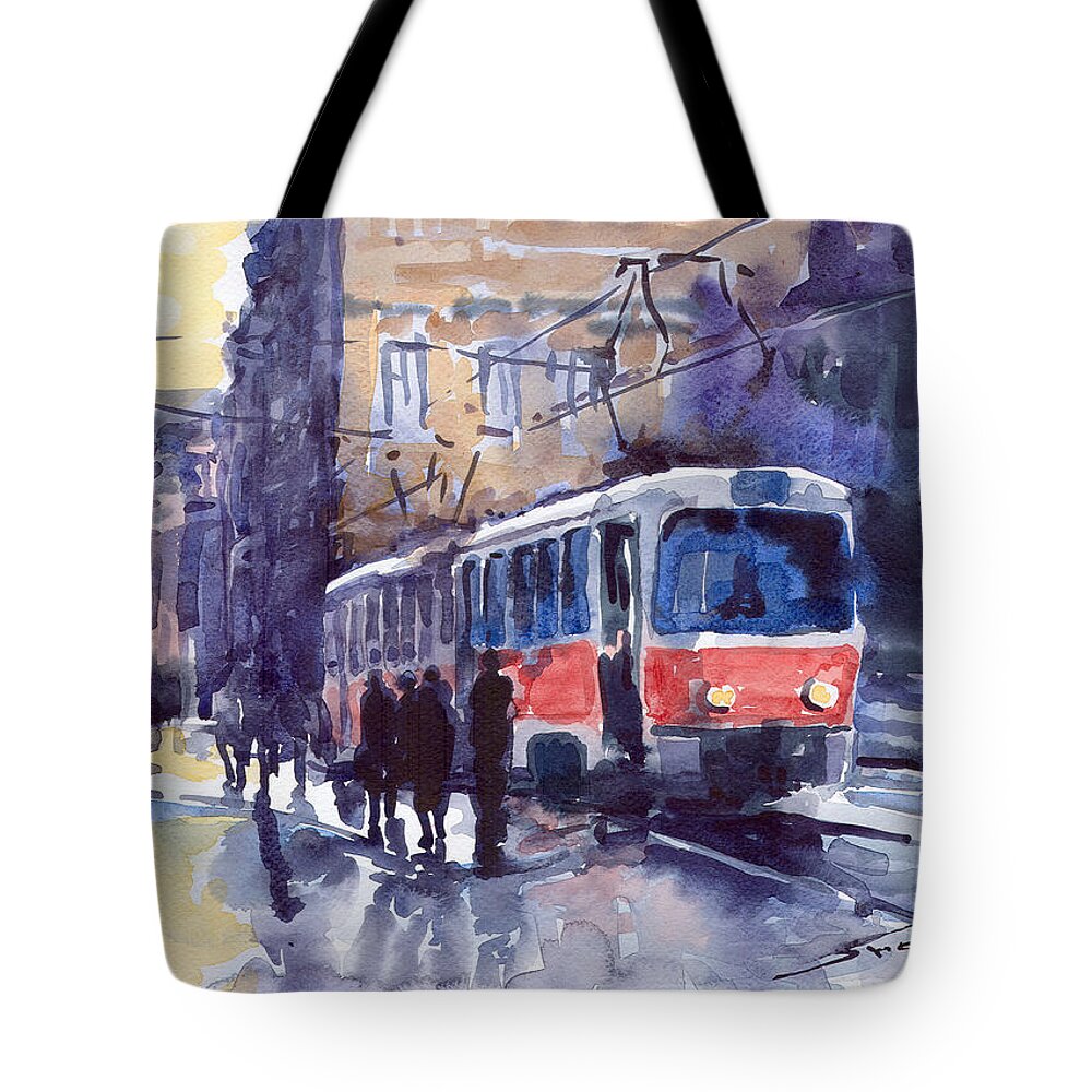 Cityscape Tote Bag featuring the painting Prague Tram 02 by Yuriy Shevchuk