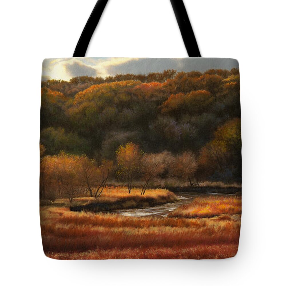 Autumn Landscape Drawings Tote Bag featuring the drawing Prairie Autumn Stream No.2 by Bruce Morrison