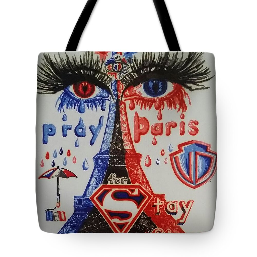 Blue Contemporary Cries Cry Eiffel Eyes France Markers Paris Permanent Portrait Red Sharpie Tears Tote Bag featuring the drawing Pray for Paris by Uzor Dijeh