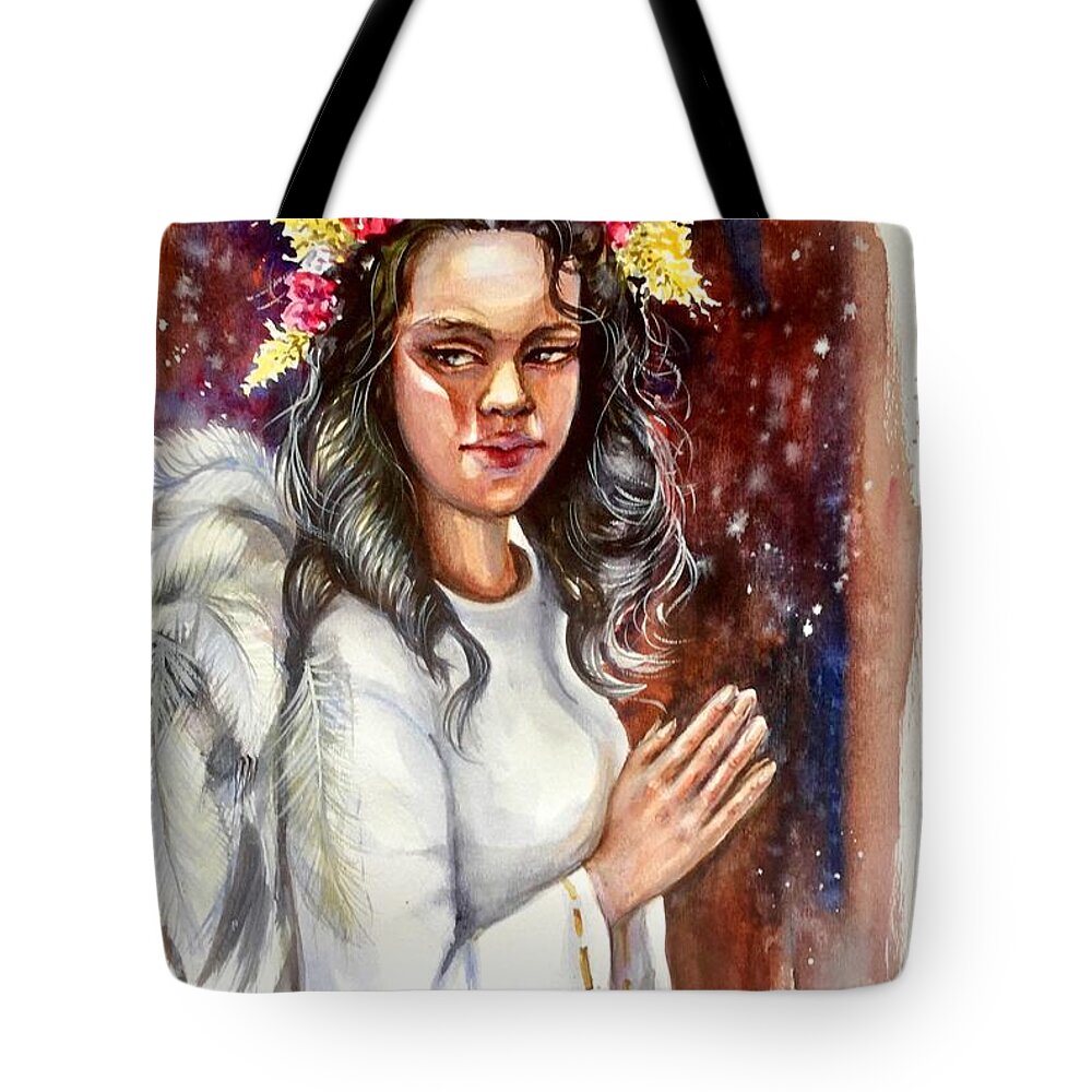A Girl Tote Bag featuring the painting Praying angel by Katerina Kovatcheva