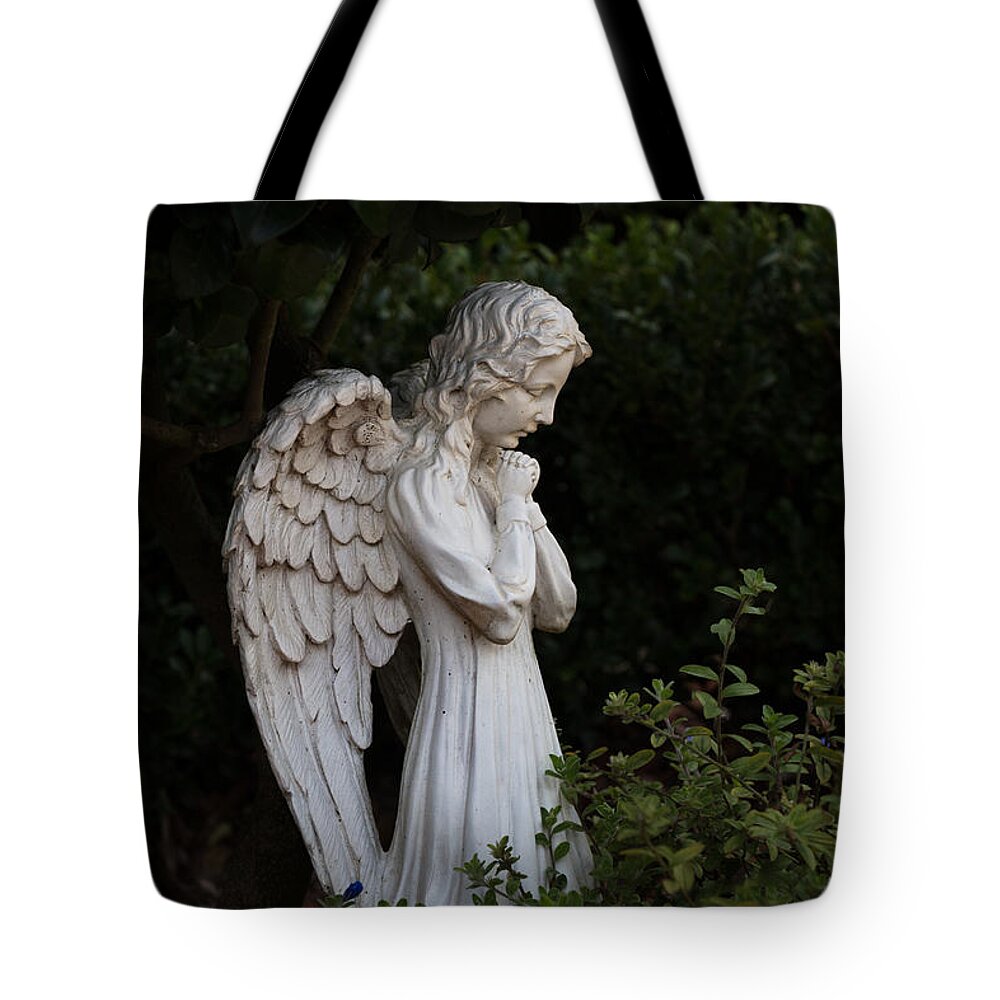 Angel Tote Bag featuring the photograph Praying Angel with Verse by Kathleen Scanlan