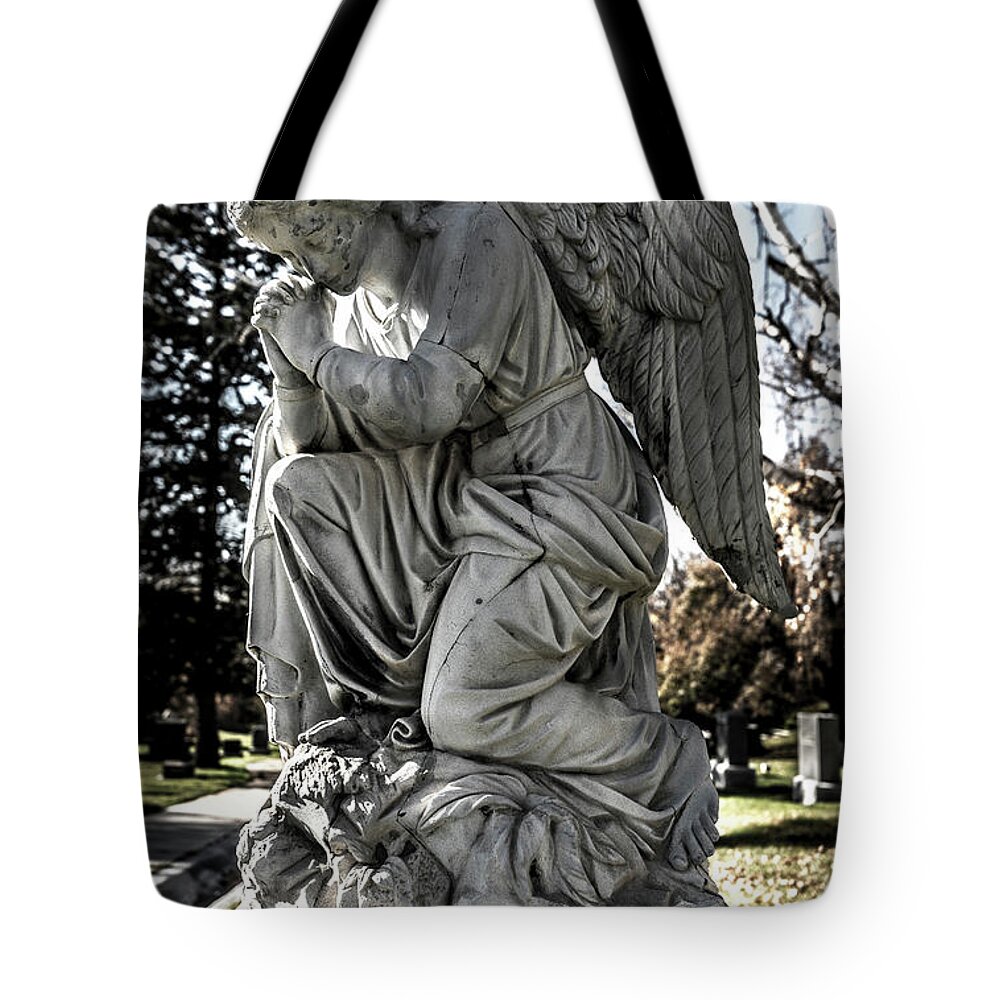 Praying Angel Tote Bag featuring the photograph Praying Cemetery Angel by Gary Whitton
