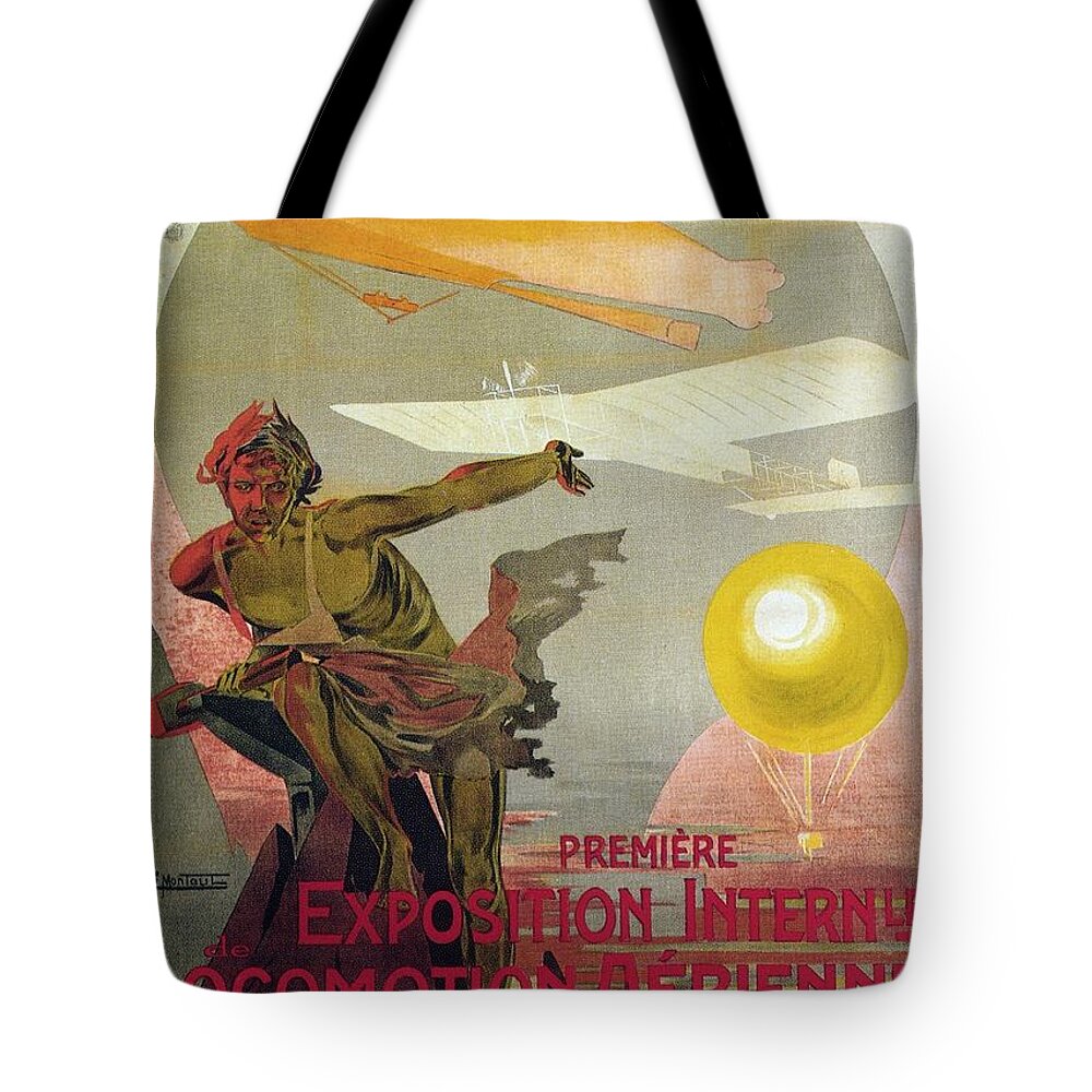Exposition Tote Bag featuring the mixed media Premiere Exposition Internle de Locomotion Aerienne - Grand Palais - Retro travel Poster - Vintage by Studio Grafiikka