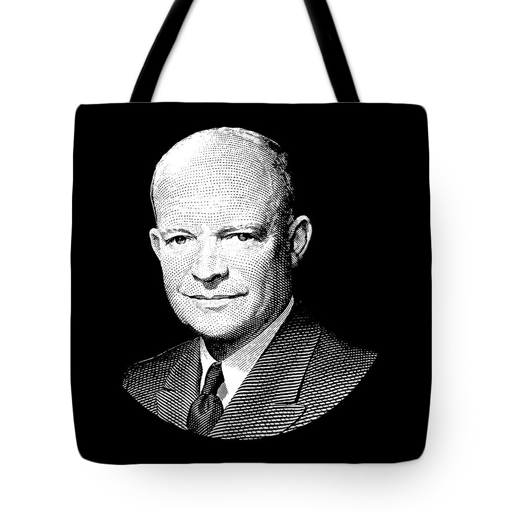 Ike Tote Bag featuring the digital art President Dwight Eisenhower Graphic - Black and White by War Is Hell Store