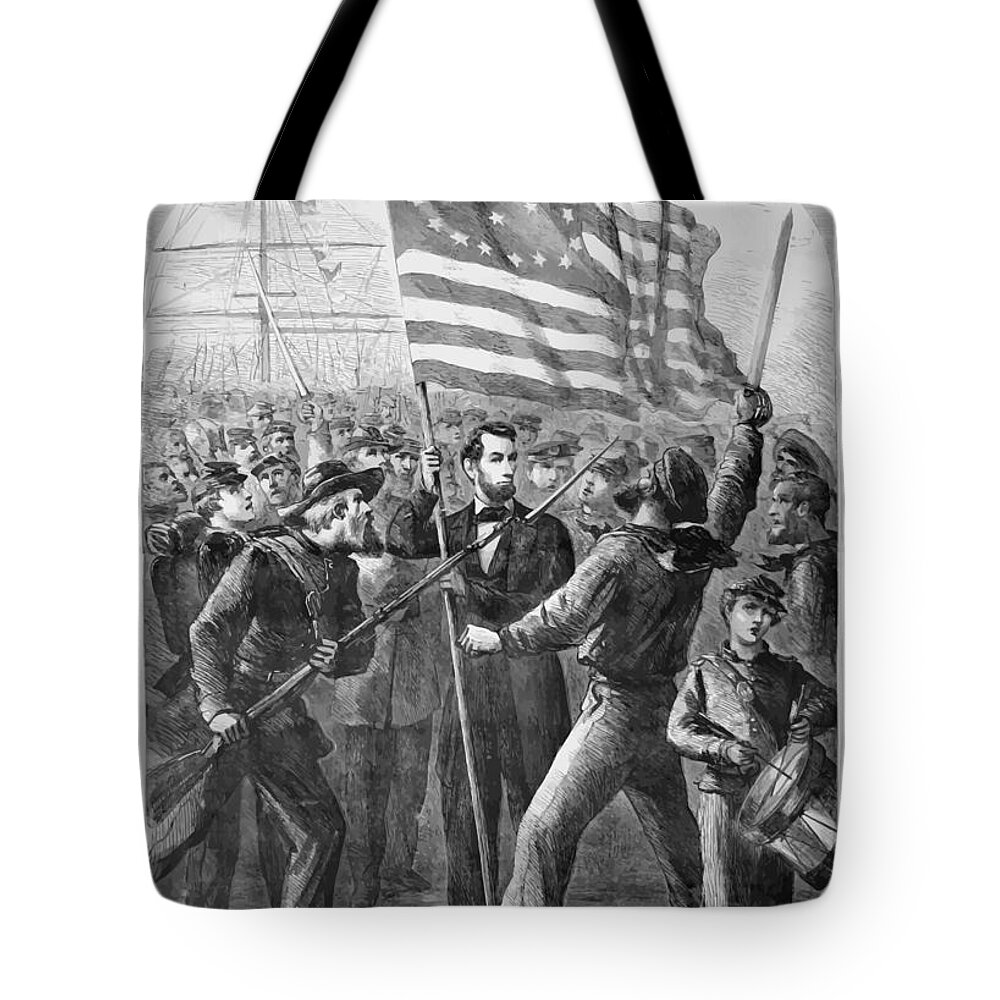 Abraham Lincoln Tote Bag featuring the painting President Lincoln holding the American Flag by War Is Hell Store