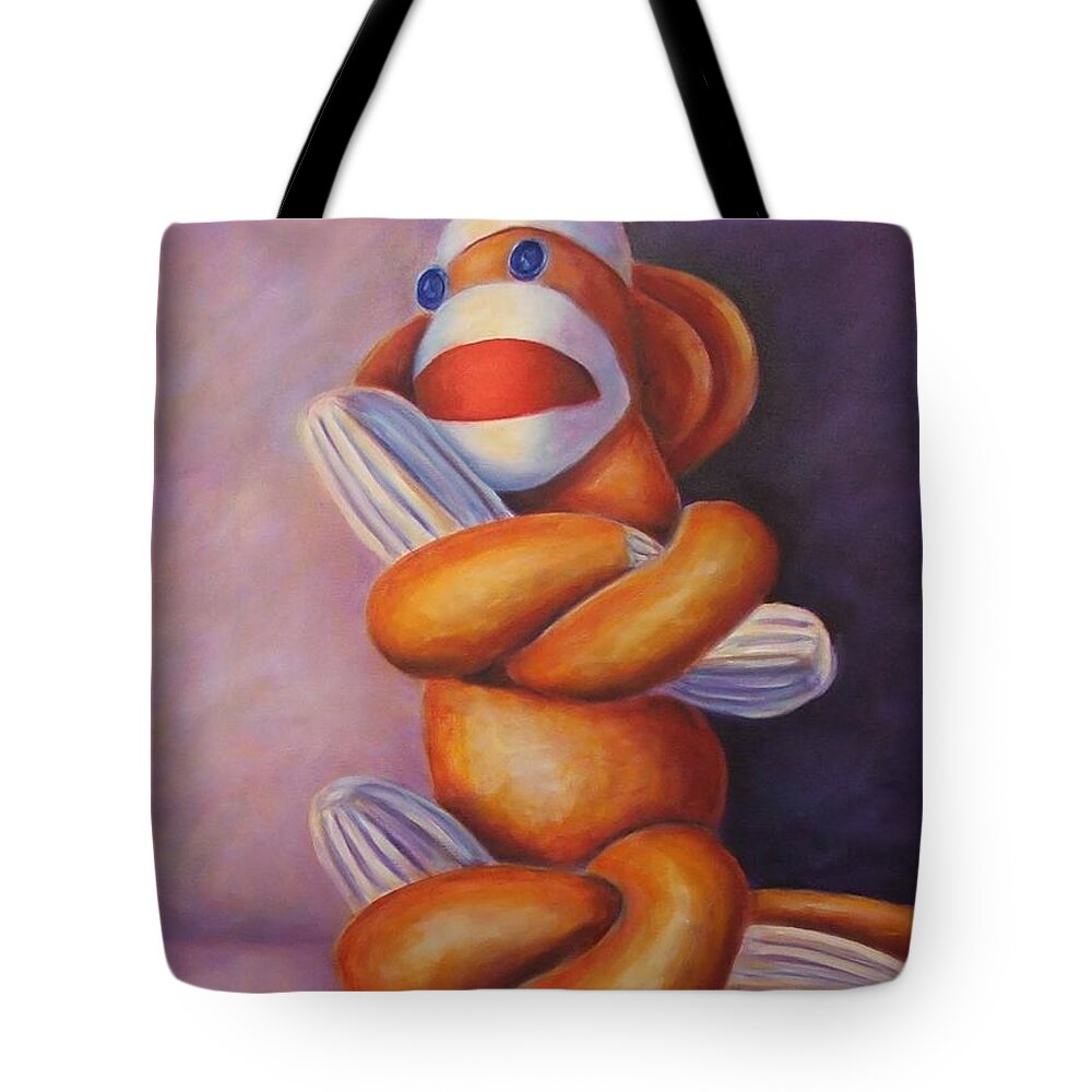 Sock Monkey Tote Bag featuring the painting Pretzel Sock Monkey by Shannon Grissom
