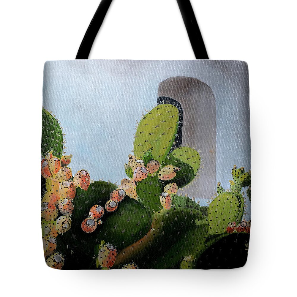 Mission La Purisima Tote Bag featuring the painting Prickly Pear Cactus at Mission la Purisima by Jackie MacNair