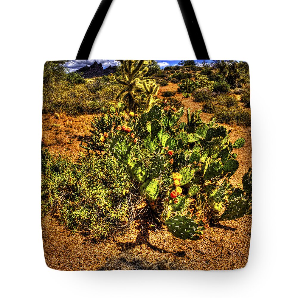 Arizona Tote Bag featuring the photograph Prickly Pear in Bloom with BrittleBush and Cholla for Company by Roger Passman