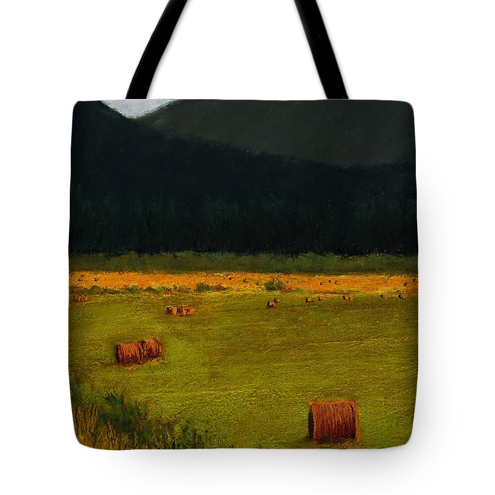 Landscape Tote Bag featuring the painting Priest Lake Hay Bales by David Patterson