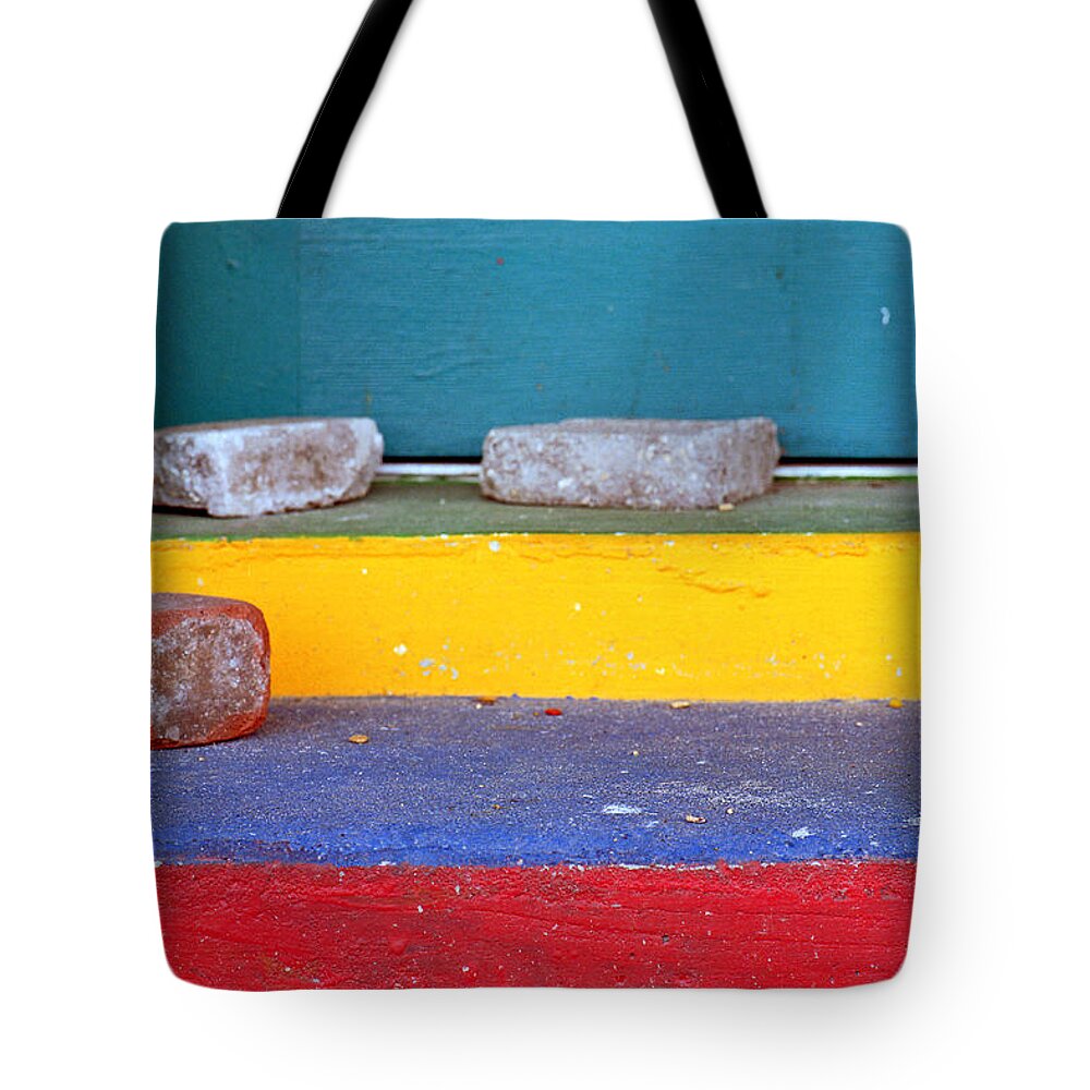Red Tote Bag featuring the photograph Primary Colored Doorstep by John Harmon