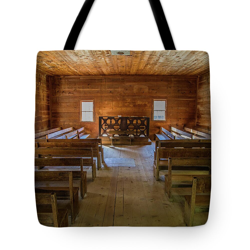 Historic Tote Bag featuring the photograph Primitive Baptist Church Interior by Kevin Craft
