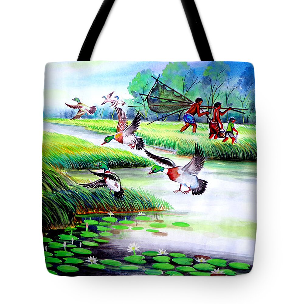 Art Photo Tote Bag featuring the painting Artistic Painting Photo Flying Bird Handmade Painted Village Art Photo by Contest Design