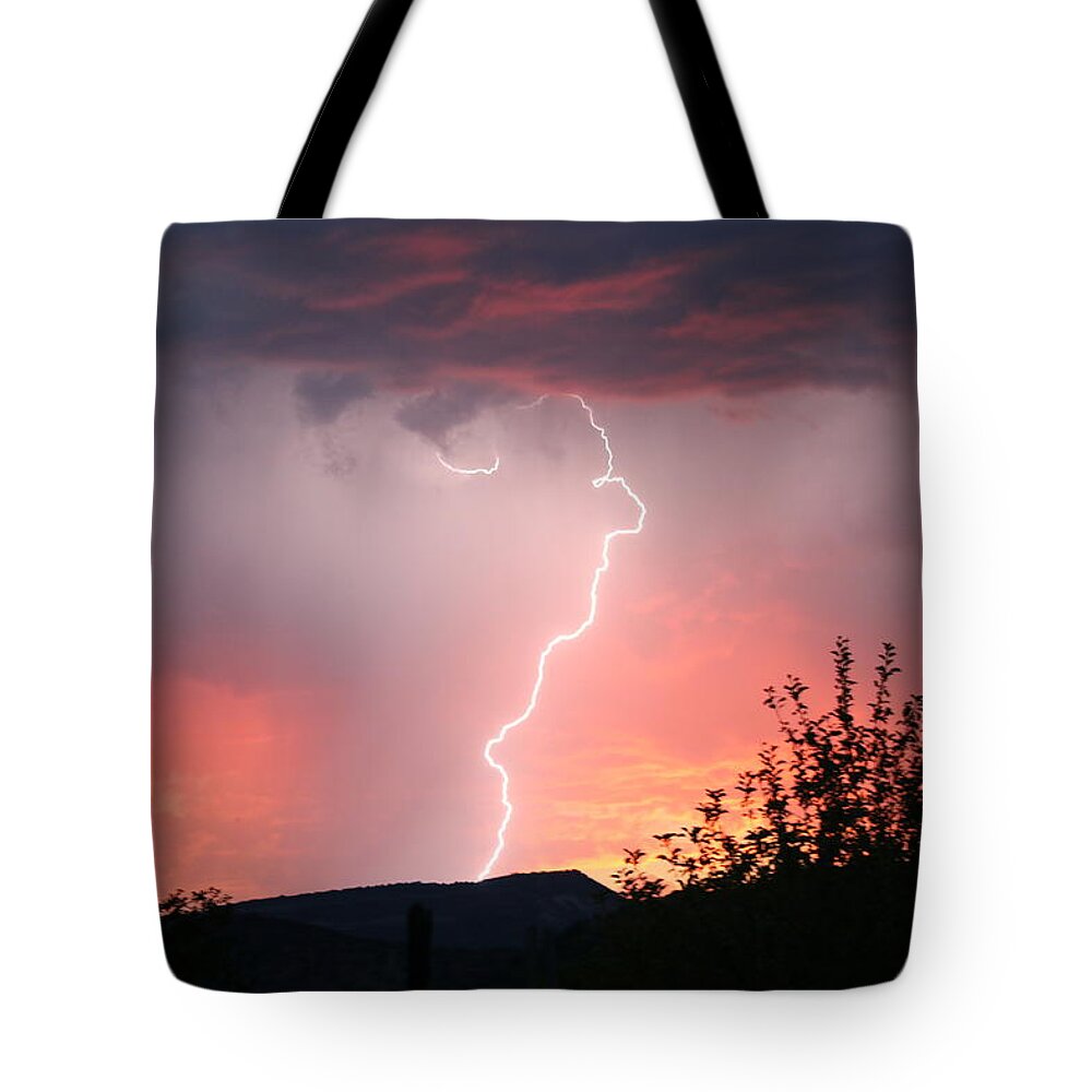 Lightning Sunset Rain Mesa Cloud Thunderstorm Tote Bag featuring the photograph Profile of The Storm by Ron Monsour