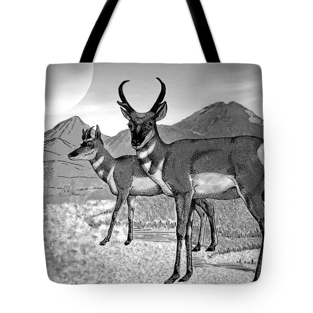 Prong-horn Tote Bag featuring the digital art Prong Horns In The Moonlight B and W by Joyce Dickens