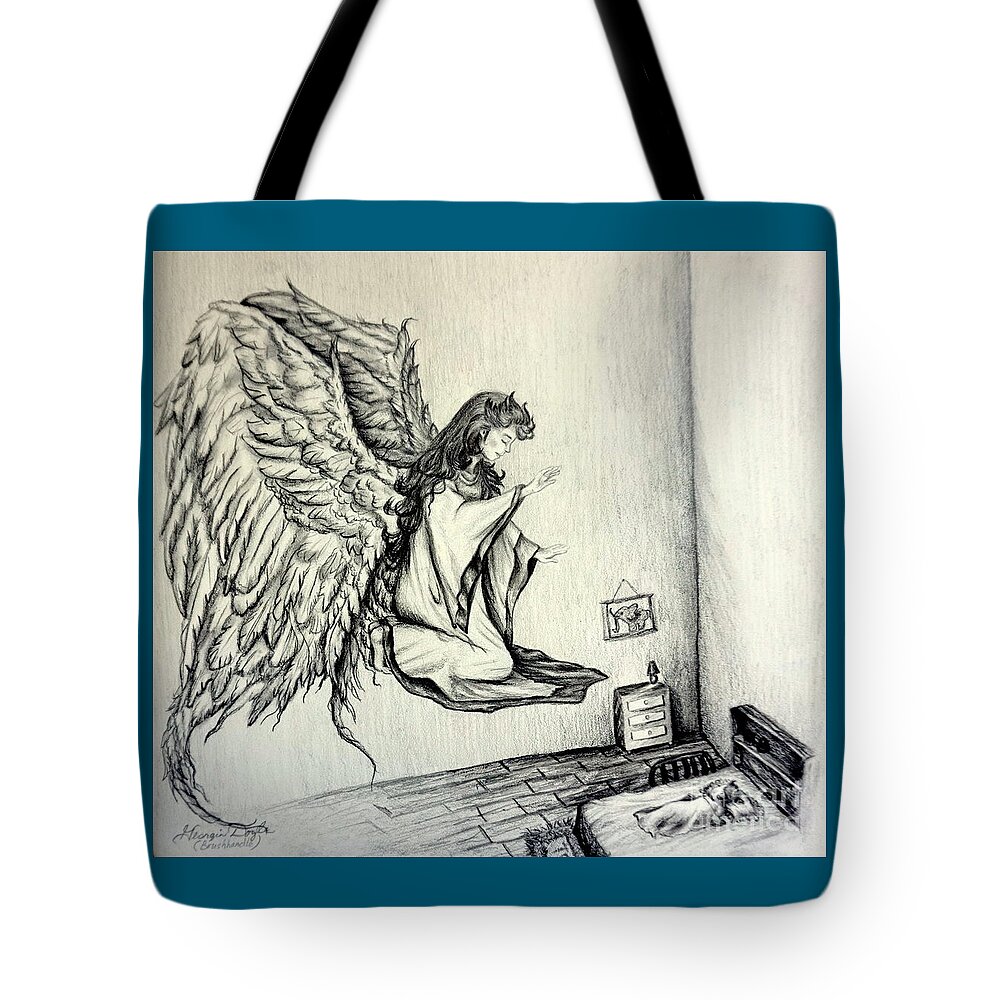 Angel Tote Bag featuring the drawing Psalms Chapter 91 Verse 11 by Georgia Doyle