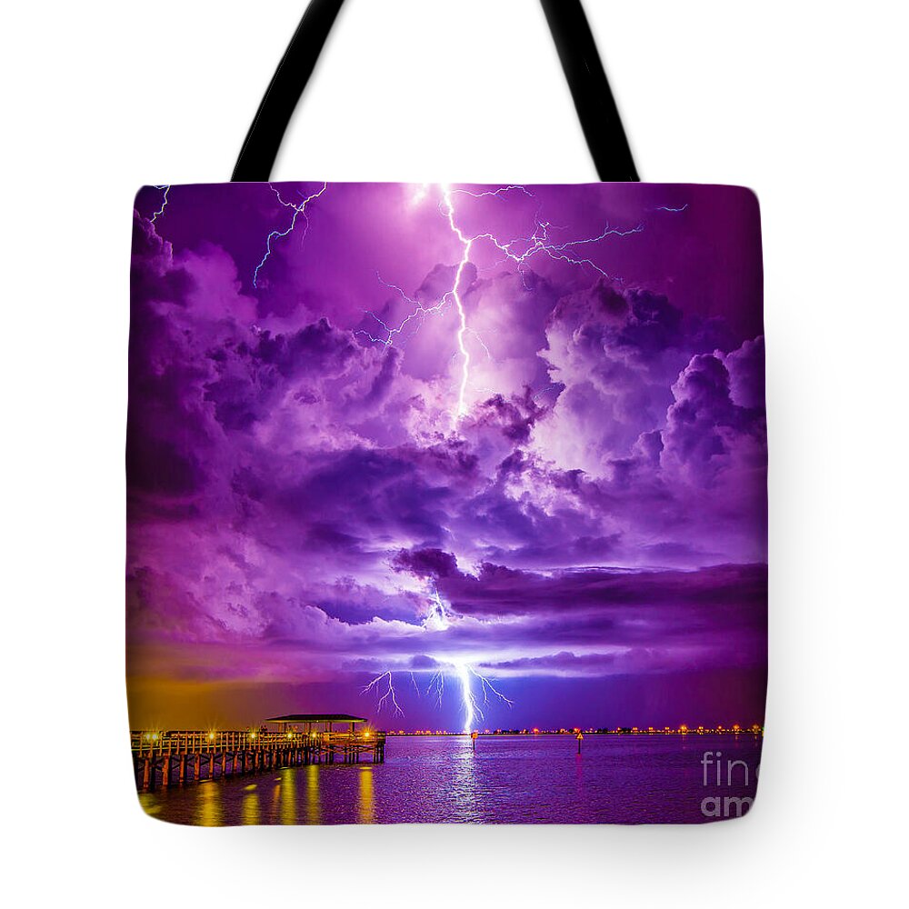 Psychedelic Tote Bag featuring the photograph Psychedelic Lightning Seascape by Stephen Whalen