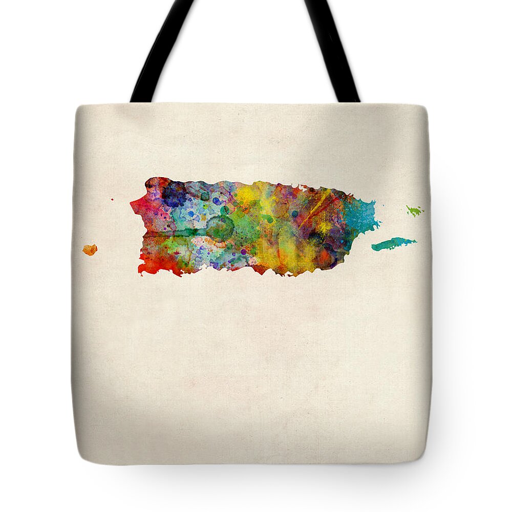 United States Map Tote Bag featuring the digital art Puerto Rico Watercolor Map by Michael Tompsett