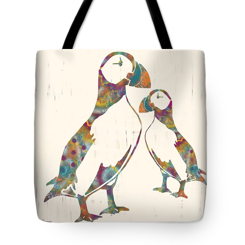Puffins Tote Bag featuring the digital art Puffins by Robin Wiesneth