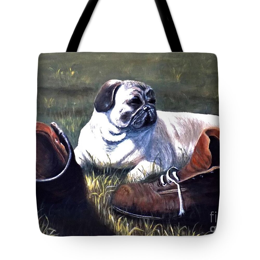 Pug Tote Bag featuring the painting Pug and Boots by Judy Kirouac