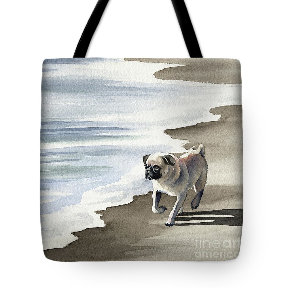 Pug Tote Bag featuring the painting Pug at the Beach by David Rogers