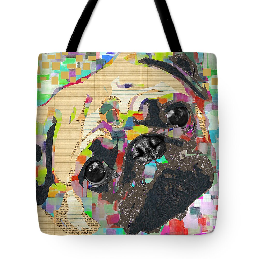 Pug Tote Bag featuring the mixed media Pug Collage by Claudia Schoen