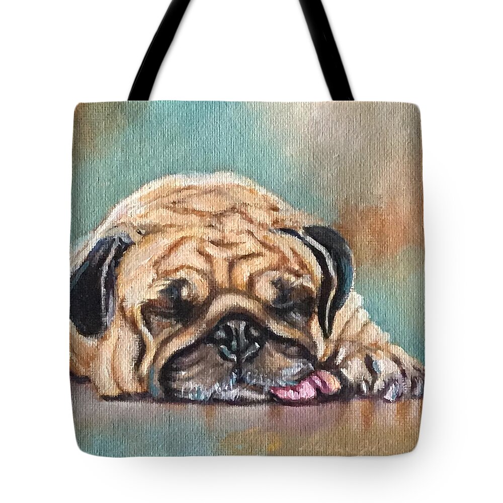 Pug 6 X 6 Oil Painting On Canvas Bonded On A 1.5 Depth Cradle Panel. Ready To Hang. Tote Bag featuring the painting Pug by Susan Goh