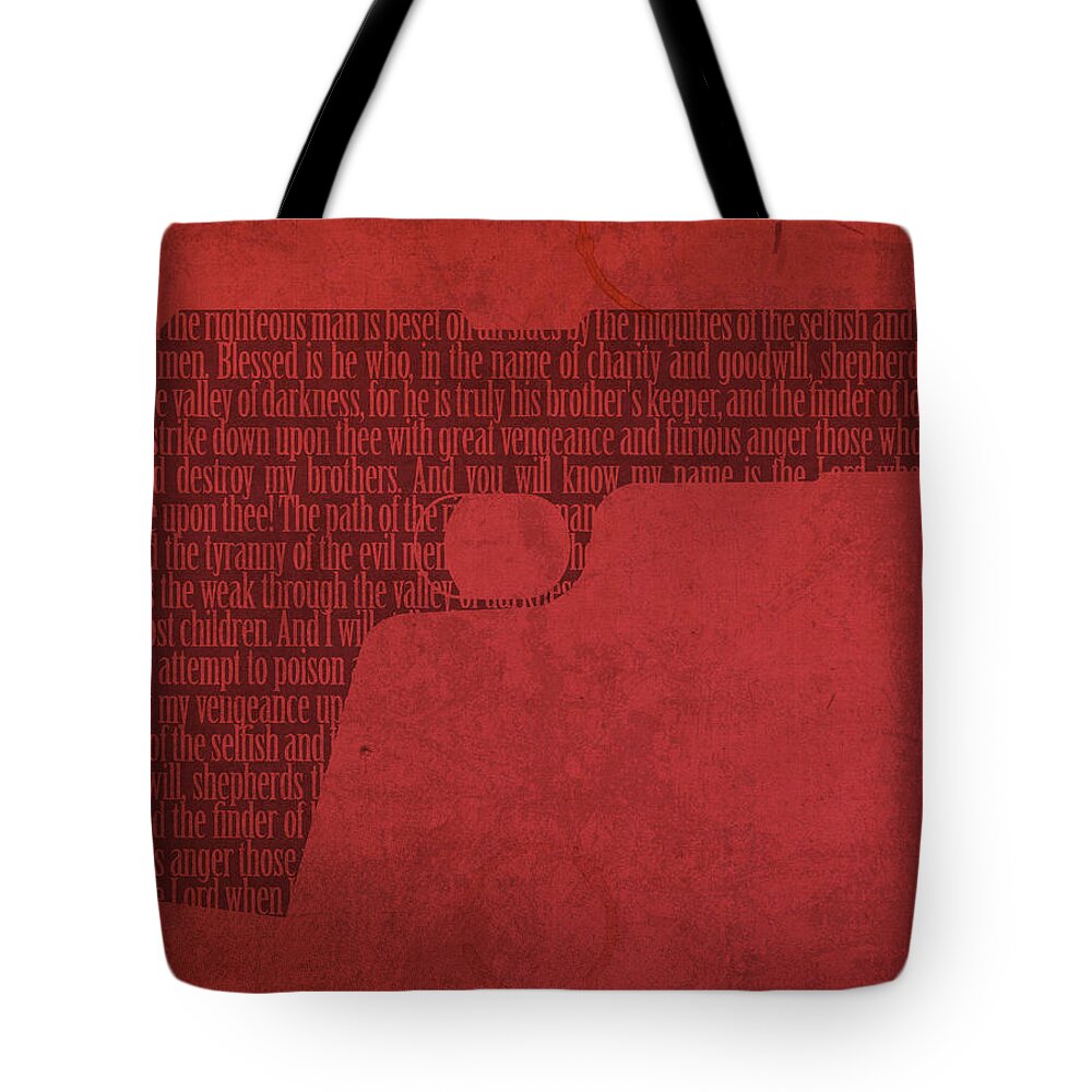 Pulp Fiction Tote Bag featuring the mixed media Pulp Fiction Quote Typography in Gun Silhouette by Design Turnpike