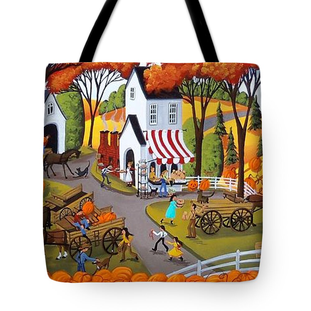 Folk Art Tote Bag featuring the painting Pumpkin Festival - folk art landscape by Debbie Criswell