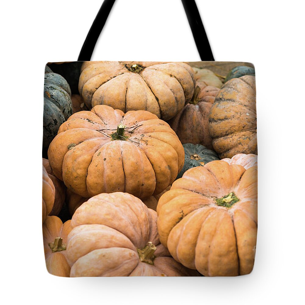 Autumn Tote Bag featuring the photograph Pumpkins for sale in Korean market by Andrew Michael