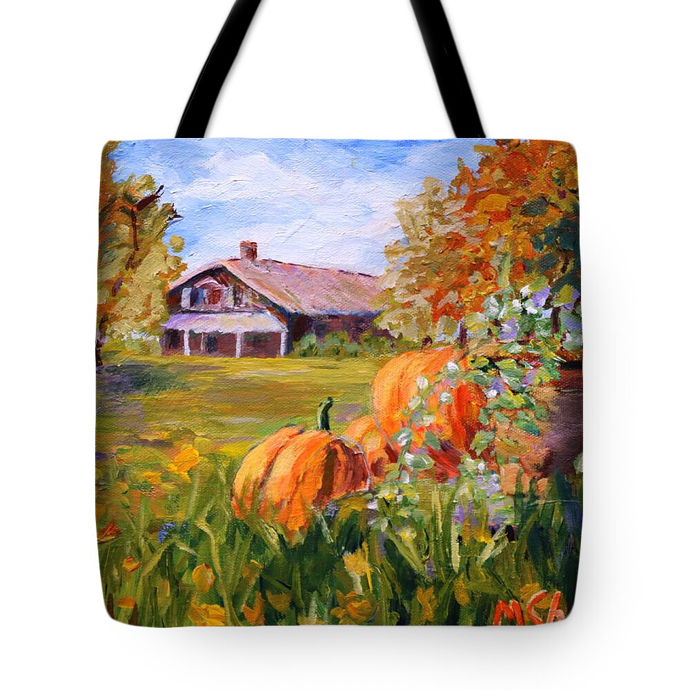 Pumpkins Tote Bag featuring the painting Pumpkins in the fall. by Madeleine Shulman