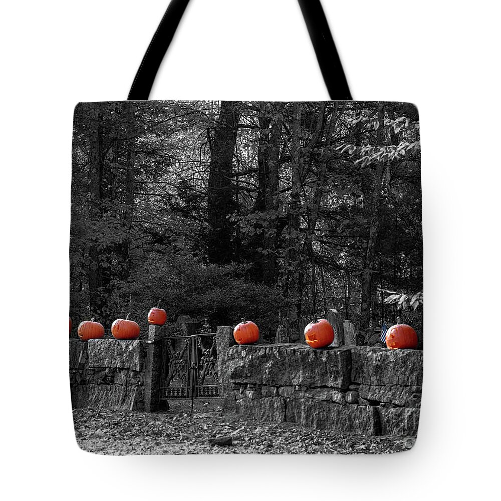 Pumpkins Tote Bag featuring the photograph Pumpkins on a wall by Mim White