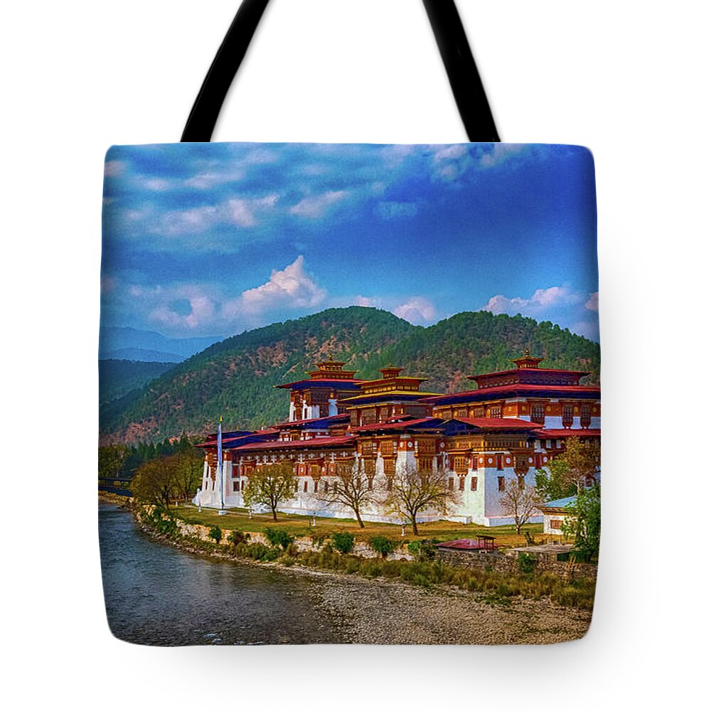 Architecture Tote Bag featuring the photograph Punakha Dzong by Pravine Chester