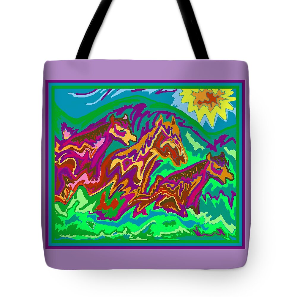 Purple Tote Bag featuring the digital art Purple Feathered Horses by Julia Woodman