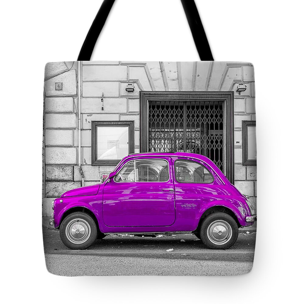 Rome Tote Bag featuring the photograph Purple Fiat 500 Rome Italy by Edward Fielding