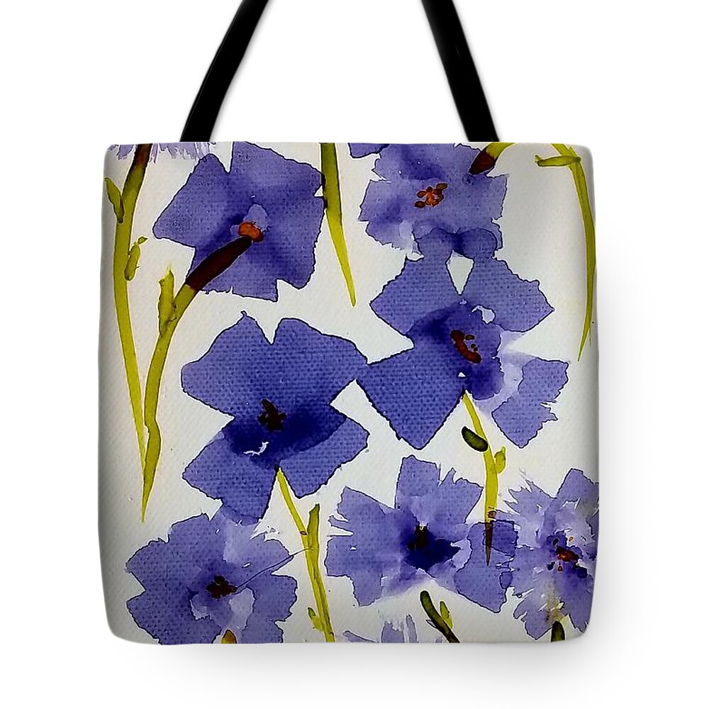 Abstract Purple Flowers Tote Bag featuring the painting Purple Flowers by Donna Perry