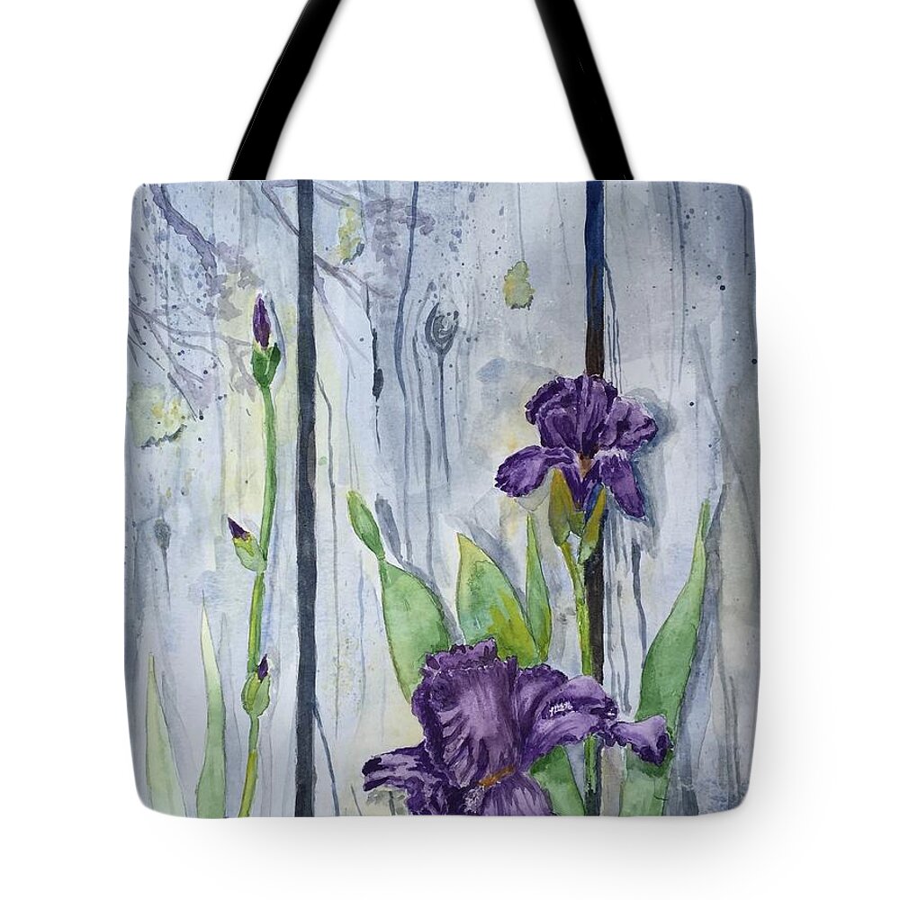 Flower Tote Bag featuring the painting Purple Iris by Christine Lathrop