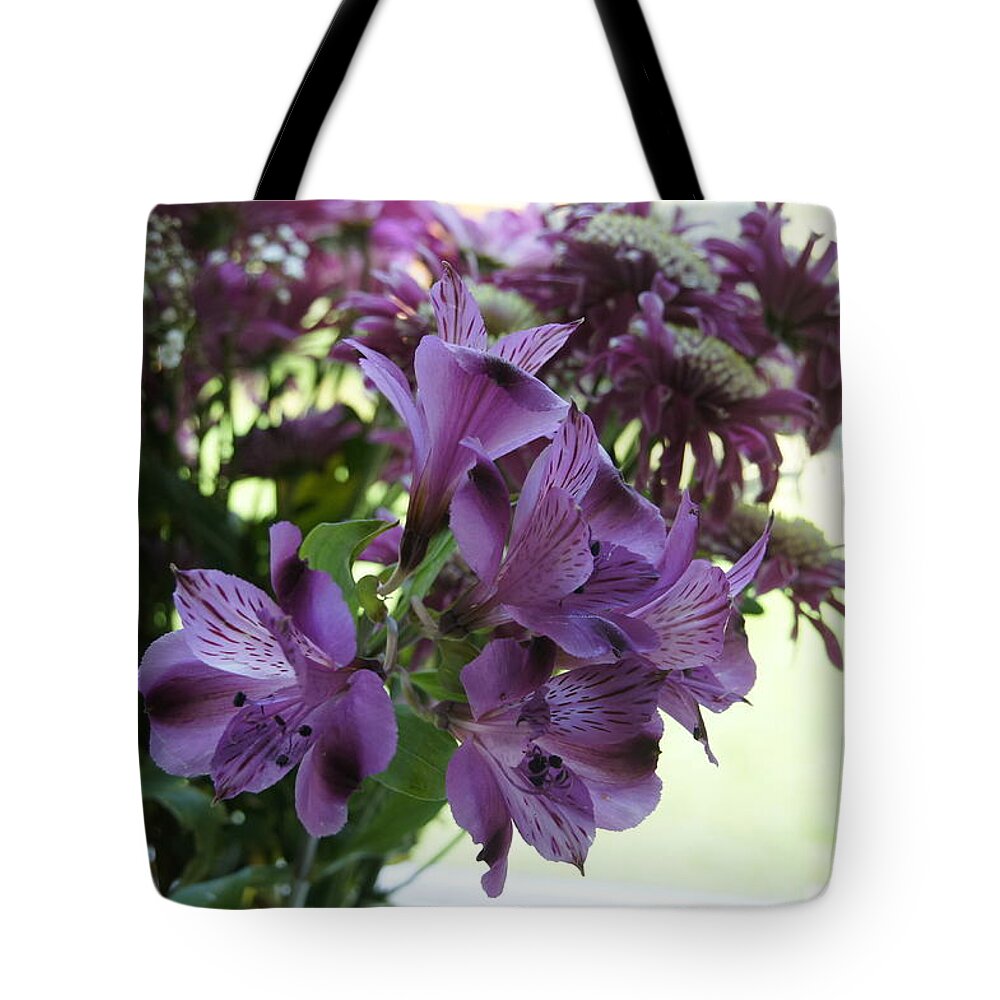Lily Tote Bag featuring the photograph Purple Lilies Bouquet. by Elena Perelman