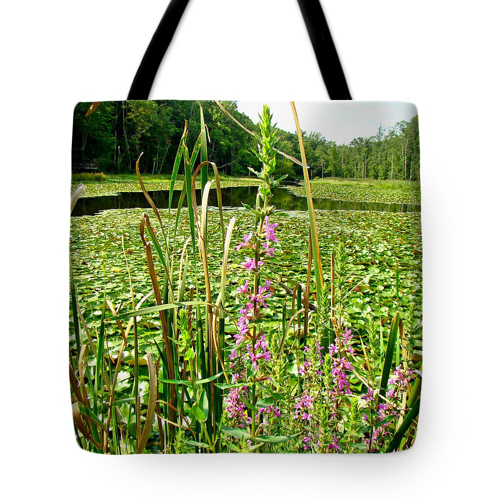 purple Loosestrife Tote Bag featuring the photograph Purple Loosestrife and Lily Pads at White's Mill Preserve, Tylersport, PA, USA by Carol Senske