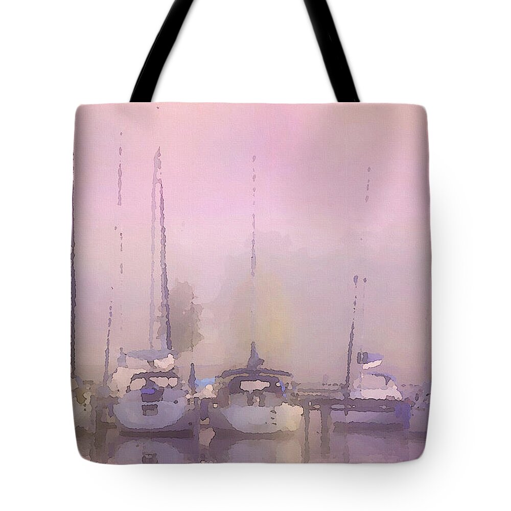 Landscape Tote Bag featuring the mixed media Purple Marina Morning by Shelli Fitzpatrick