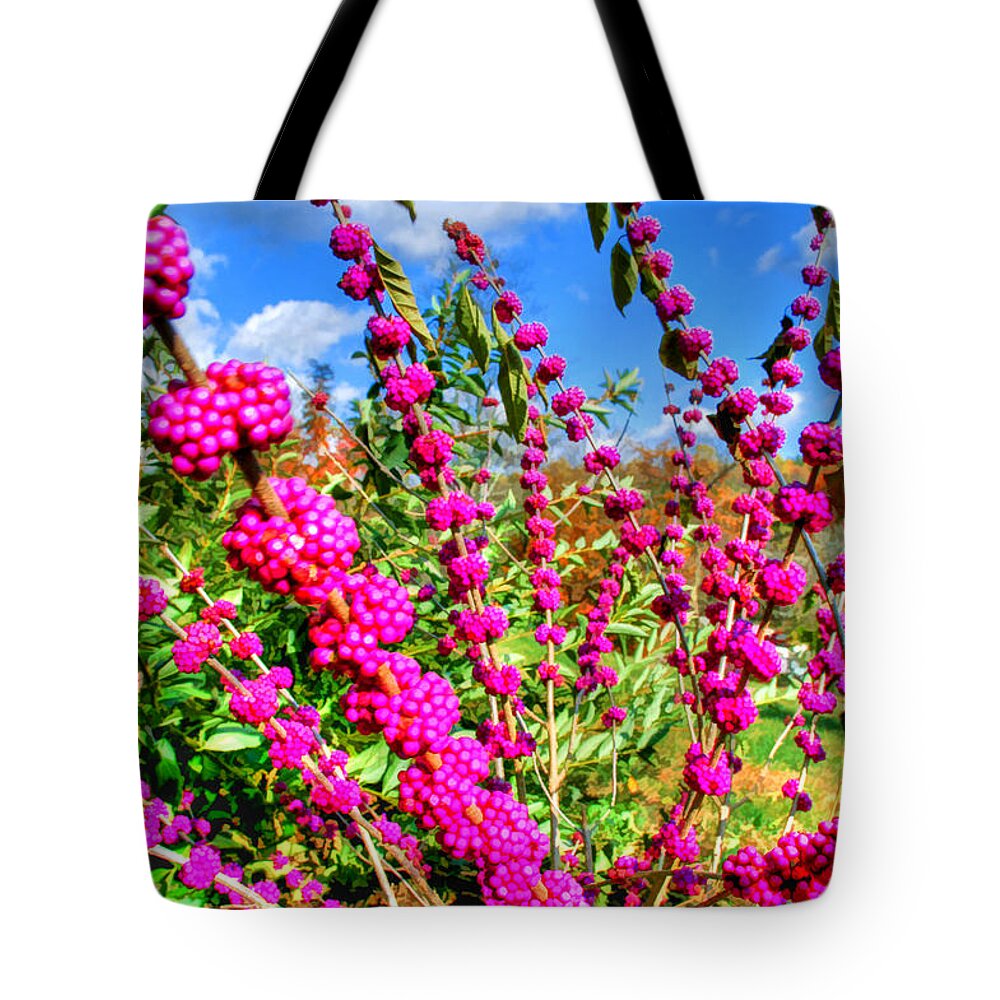 Flowers Tote Bag featuring the photograph Purple Monster Berry Weed by Sam Davis Johnson