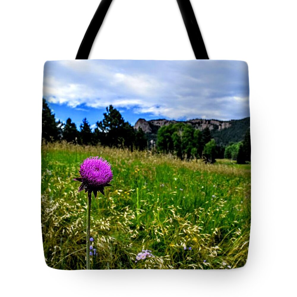 Purple Flower Tote Bag featuring the photograph Purple Mountain Attention by Michael Brungardt