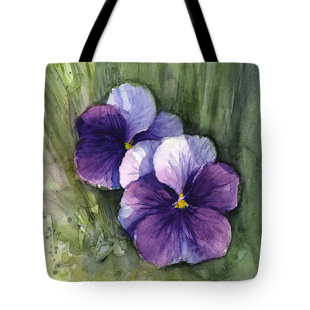 Pansy Tote Bag featuring the painting Purple Pansies Watercolor by Olga Shvartsur