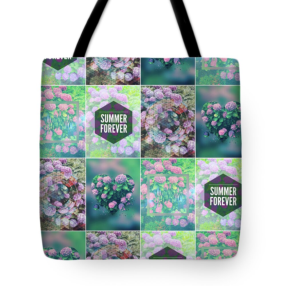 Patchwork Tote Bag featuring the photograph Purple Pink Hydrangea Geometric Patchwork Quilt by Beverly Claire Kaiya